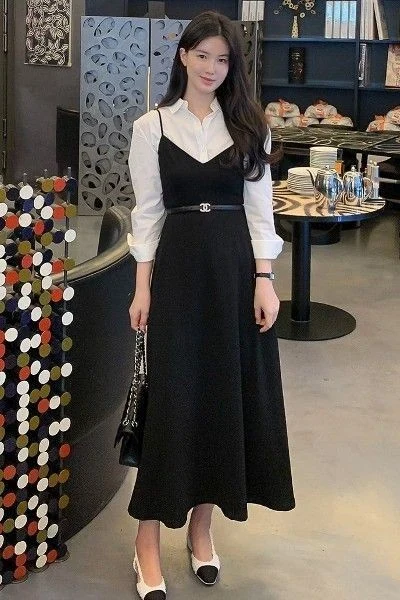 Classic Black Dress with White Shirt