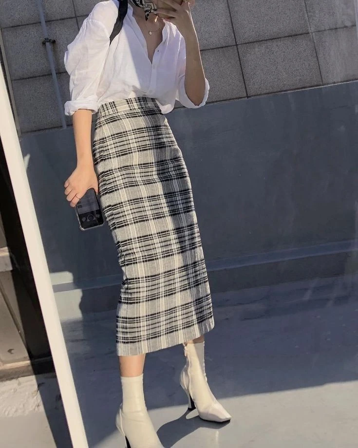 Crisp White Shirt with Plaid Midi Skirt