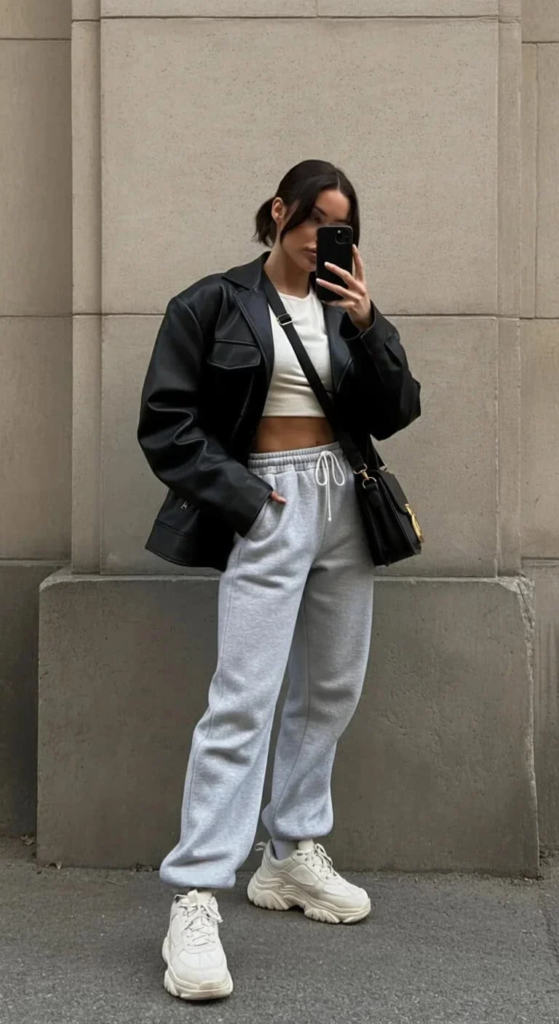Leather Jacket and Gray Sweatpants Combo