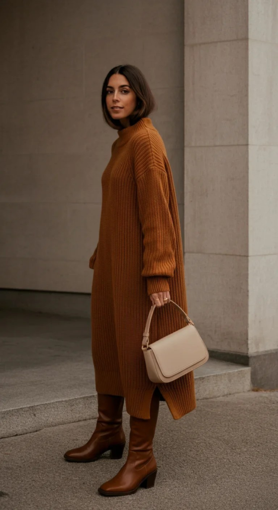 Classic Caramel Sweater Dress Ensemble