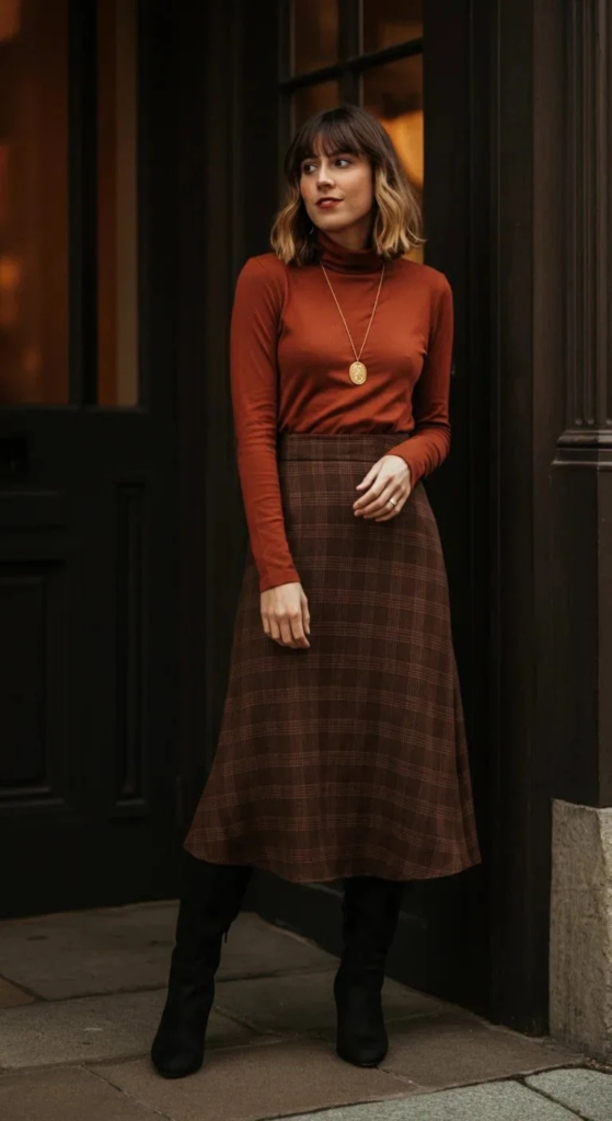 Plaid Midi Skirt Combination