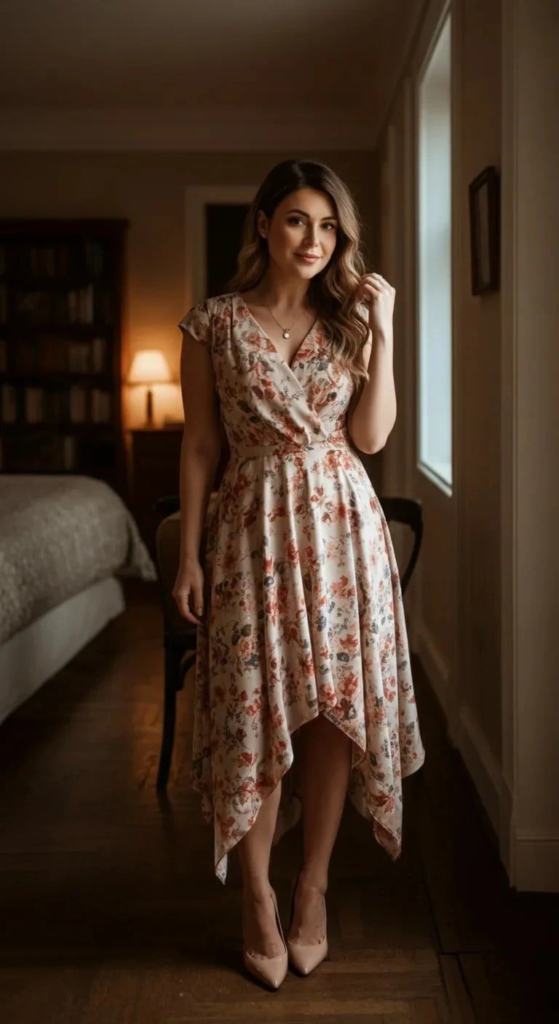 Printed Midi Dress with Asymmetric Hem