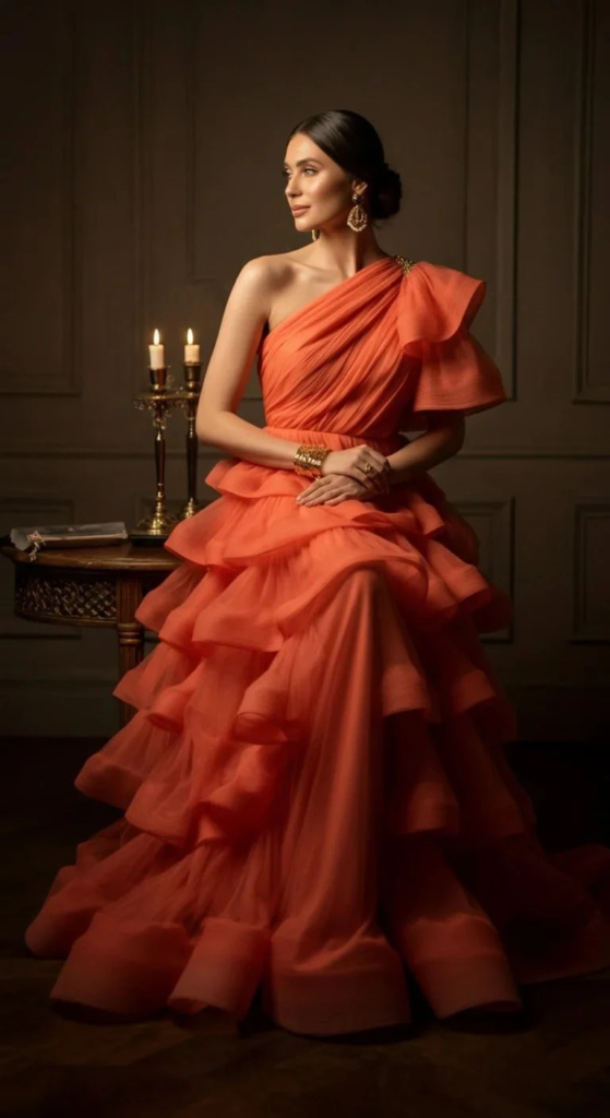 One-Shoulder Ruffle Gown