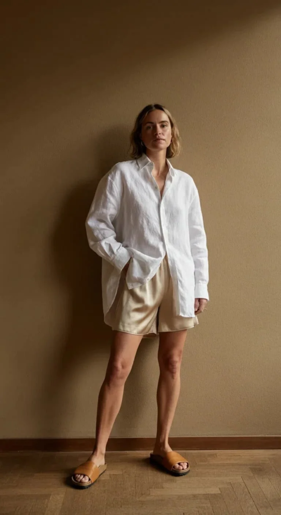 7. Oversized Button-Down and Silk Shorts