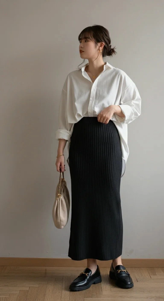 Ribbed Knit Skirt with Oversized Shirt