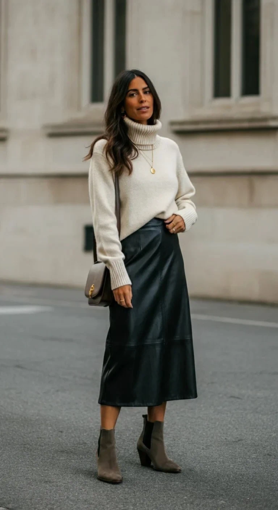 Classic Turtleneck with Leather Midi