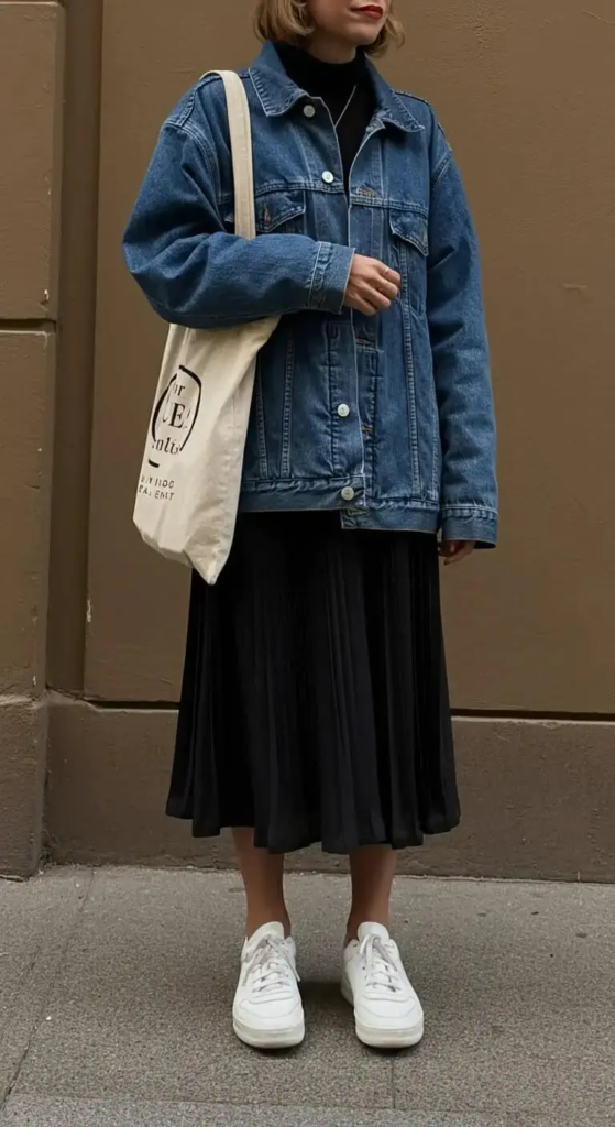 Denim Jacket and Pleated Midi