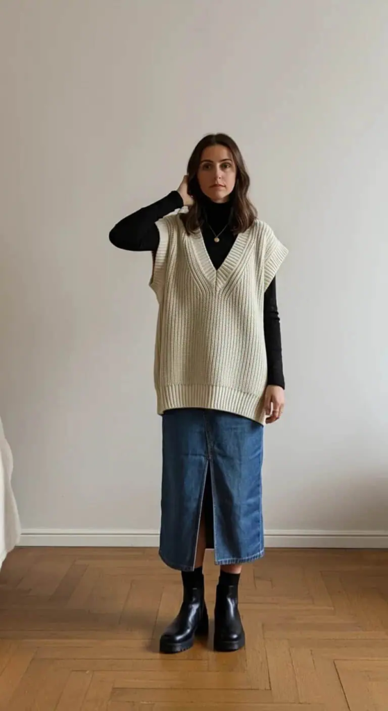 Layered Turtleneck with Split Hem Denim Skirt