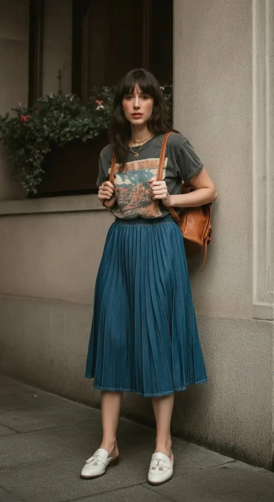 Graphic Tee and Pleated Midi