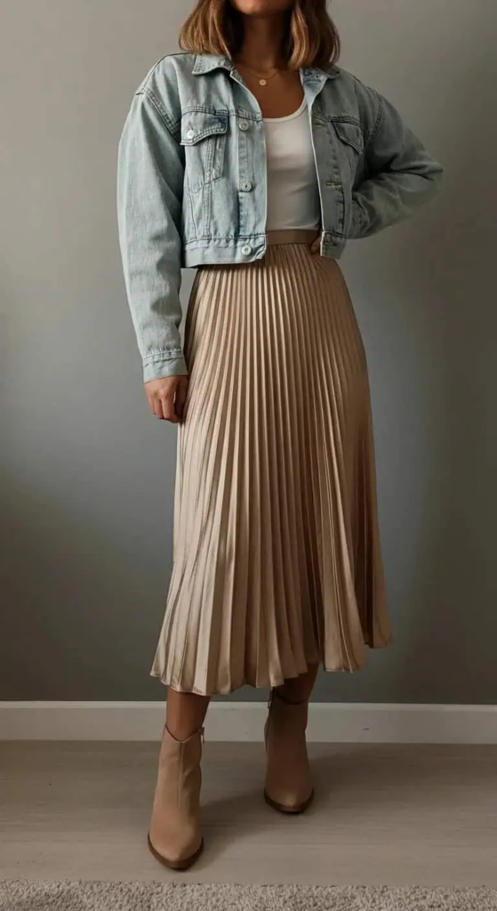 Layered Midi Skirt with Cropped Denim Jacket