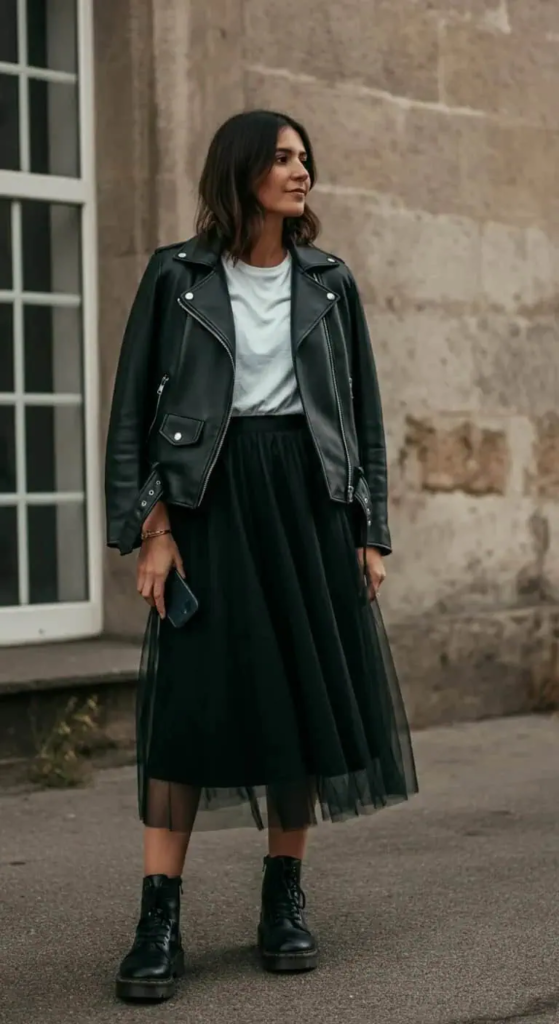 Tulle Skirt with Leather Jacket