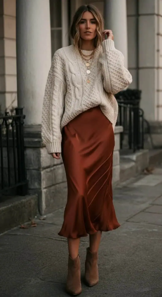 Silk Slip Skirt with Chunky Knit