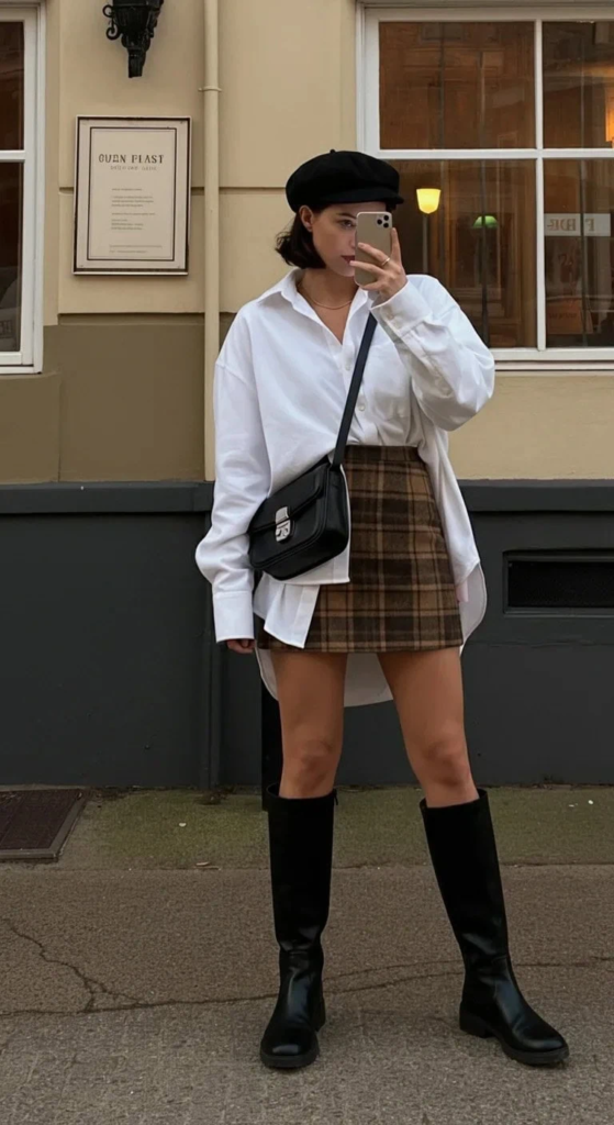 Plaid Mini Skirt with Oversized Shirt