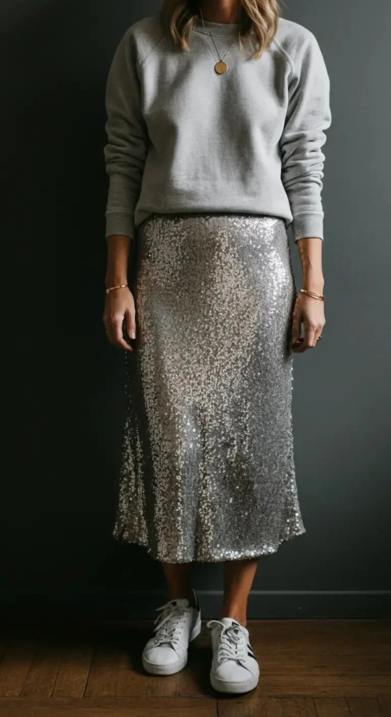 Sequin Skirt with Casual Sweatshirt