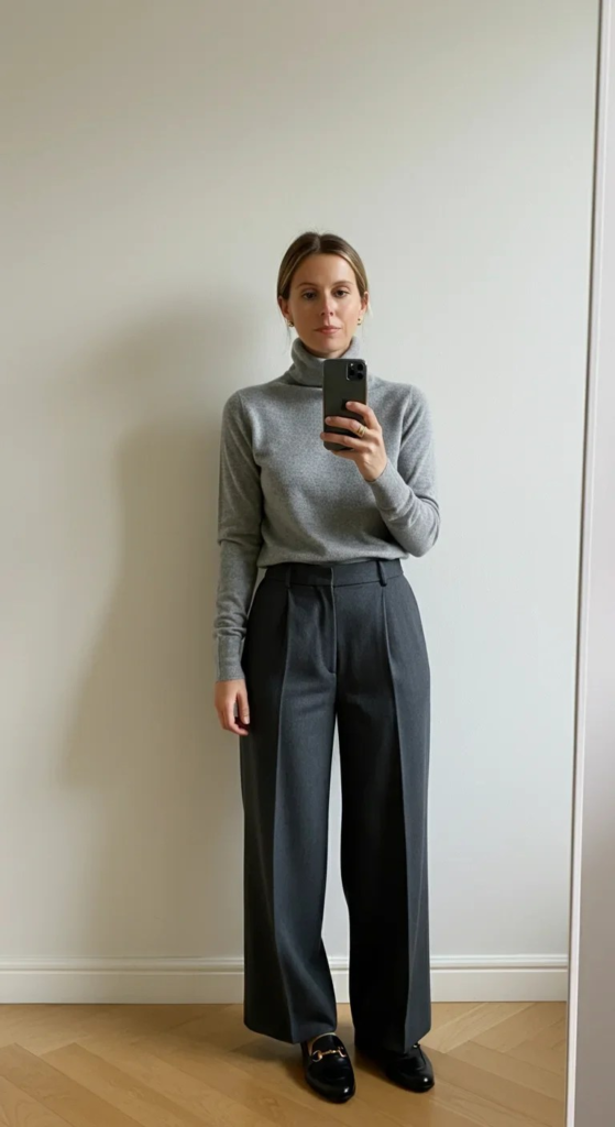 Cashmere Turtleneck with Wide-Leg Wool Pants
