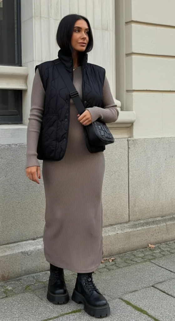 Quilted Vest Over Ribbed Dress