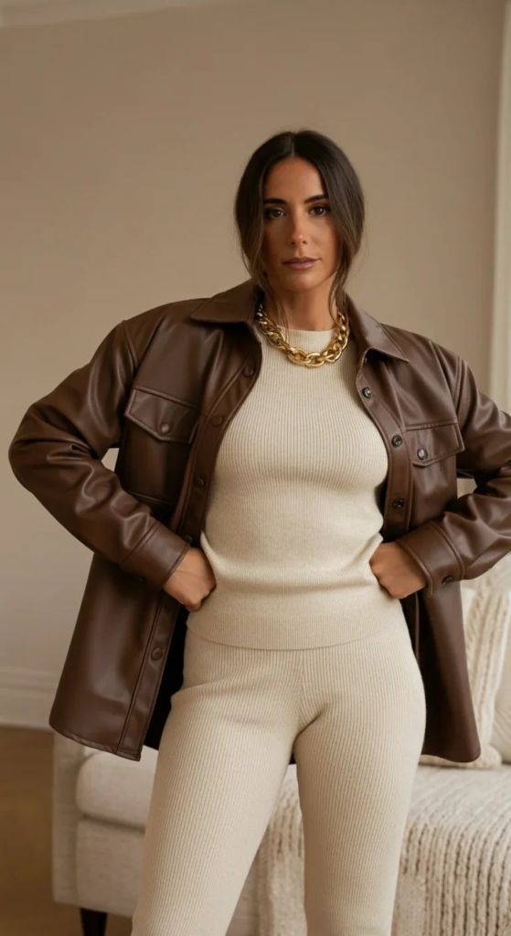 Leather Shirt Jacket with Ribbed Set