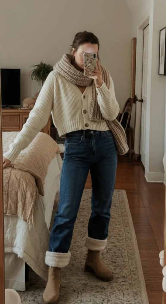 Fleece-Lined Denim with Cropped Cardigan
