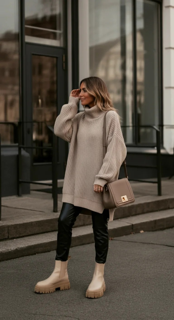 Sweater Dress with Leather Leggings
