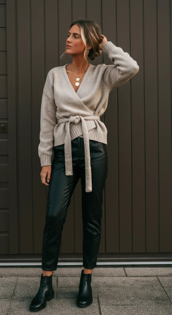 Wrap Cardigan with Faux Leather Pants