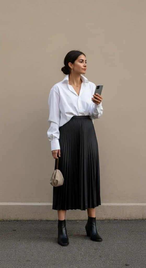 Oversized Button-Down and Pleated Skirt