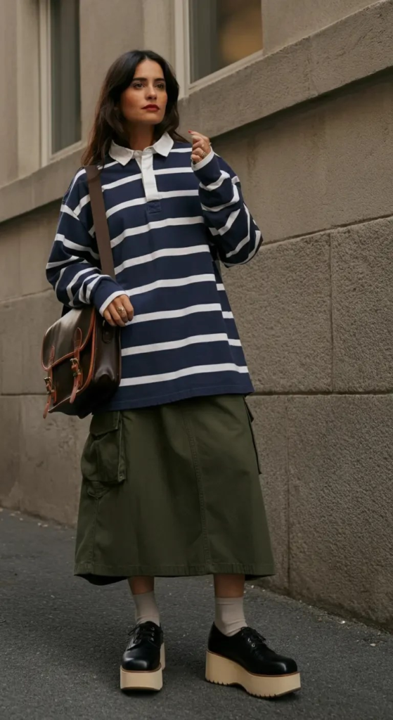 Oversized Rugby Shirt and Cargo Skirt