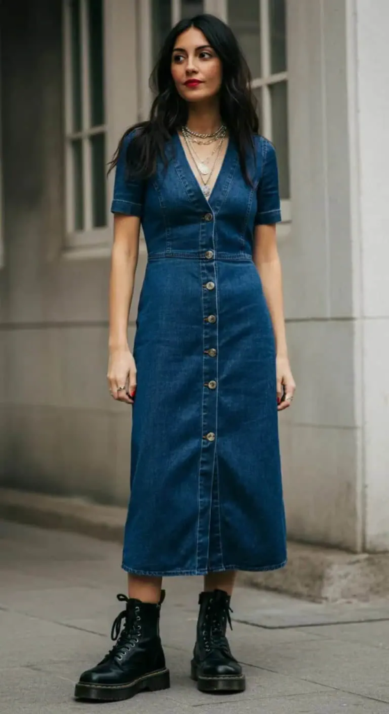 Denim Dress with Combat Boots