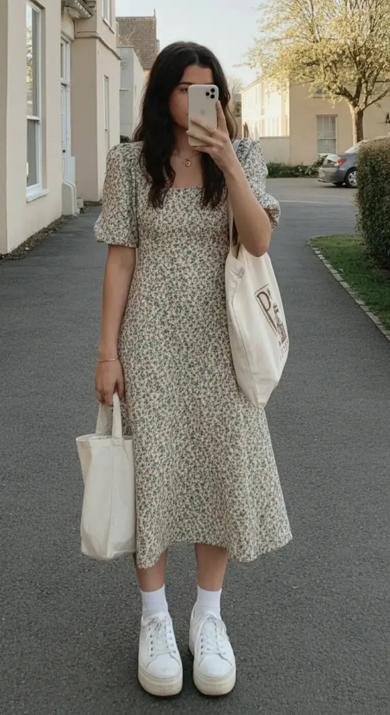 Printed Midi Dress with Sneakers