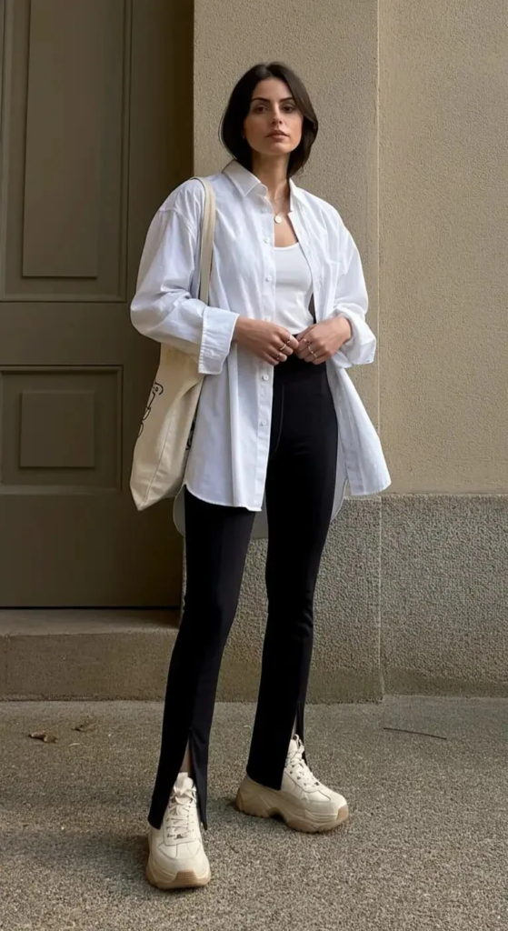 Split Hem Leggings and Oversized Button-Down