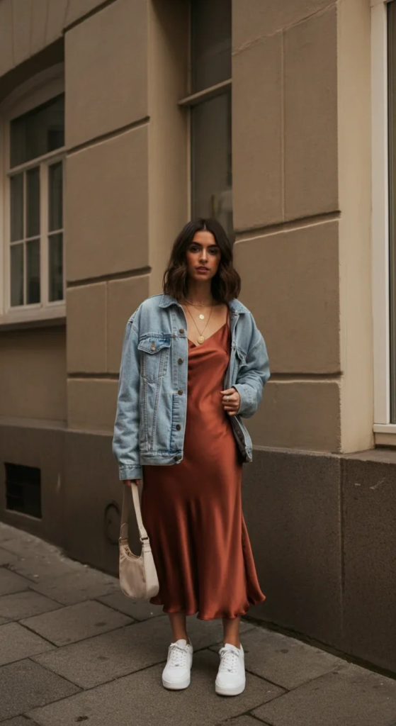 Midi Slip Dress with Denim Jacket
