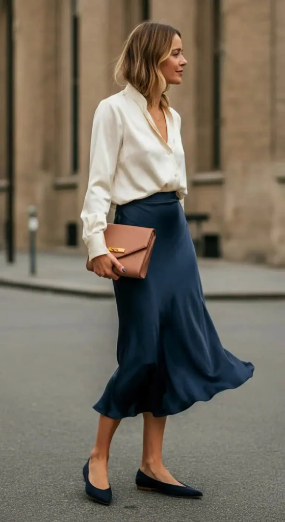 Silk Midi Skirt with Tucked Blouse