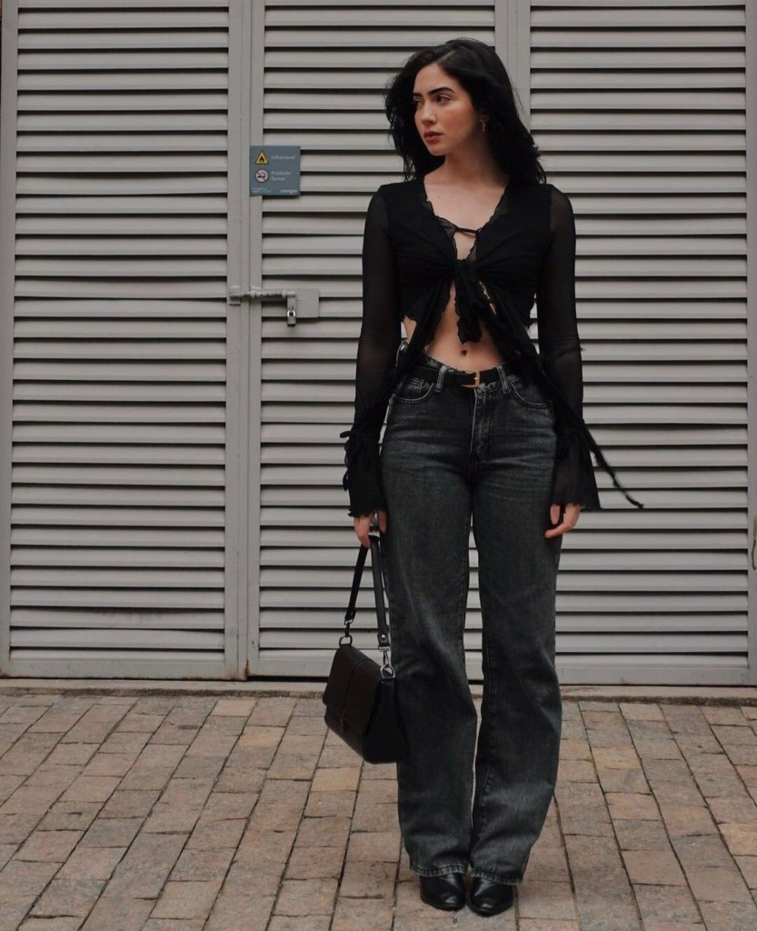 Black Tie-Up Top with Dark Denim