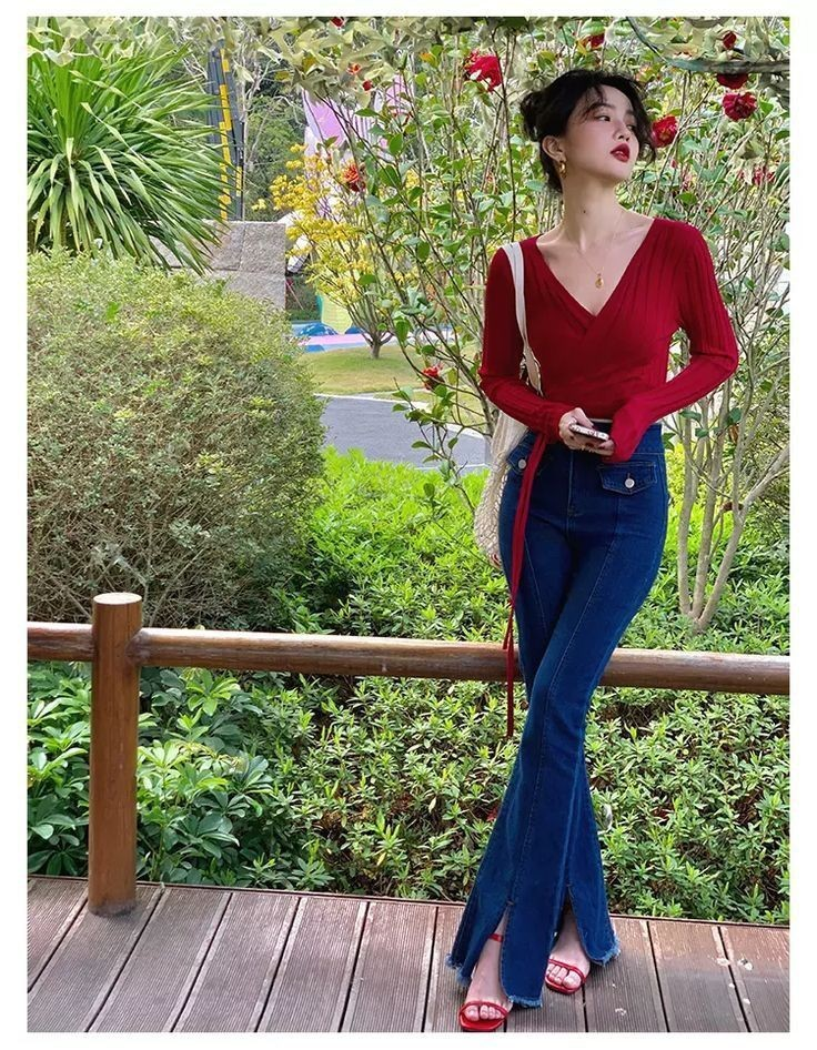 Rich Red Top with Flare Denim