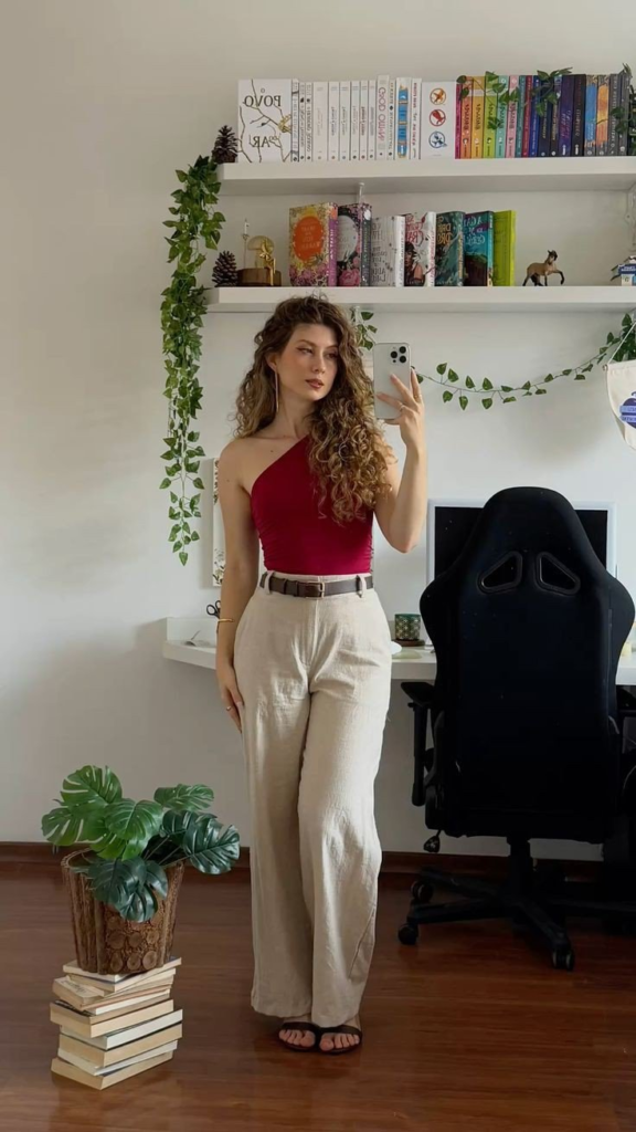 Bold Red Crop with Neutral Trousers