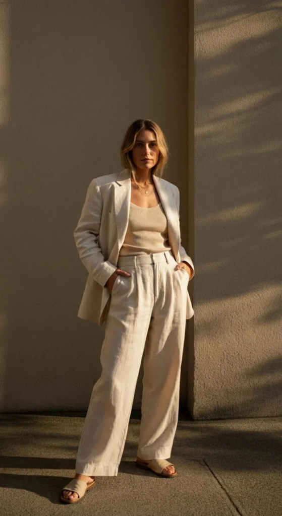 Cropped Linen Blazer and High-Waisted Trousers