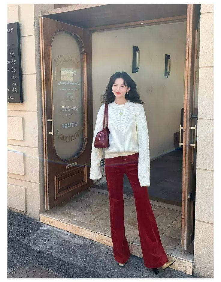 Burgundy Flares with Cream Cable Knit
