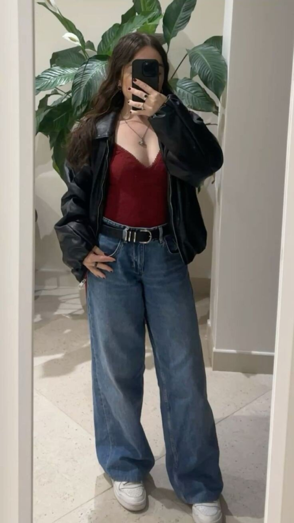 Leather Jacket with Wide-Leg Denim