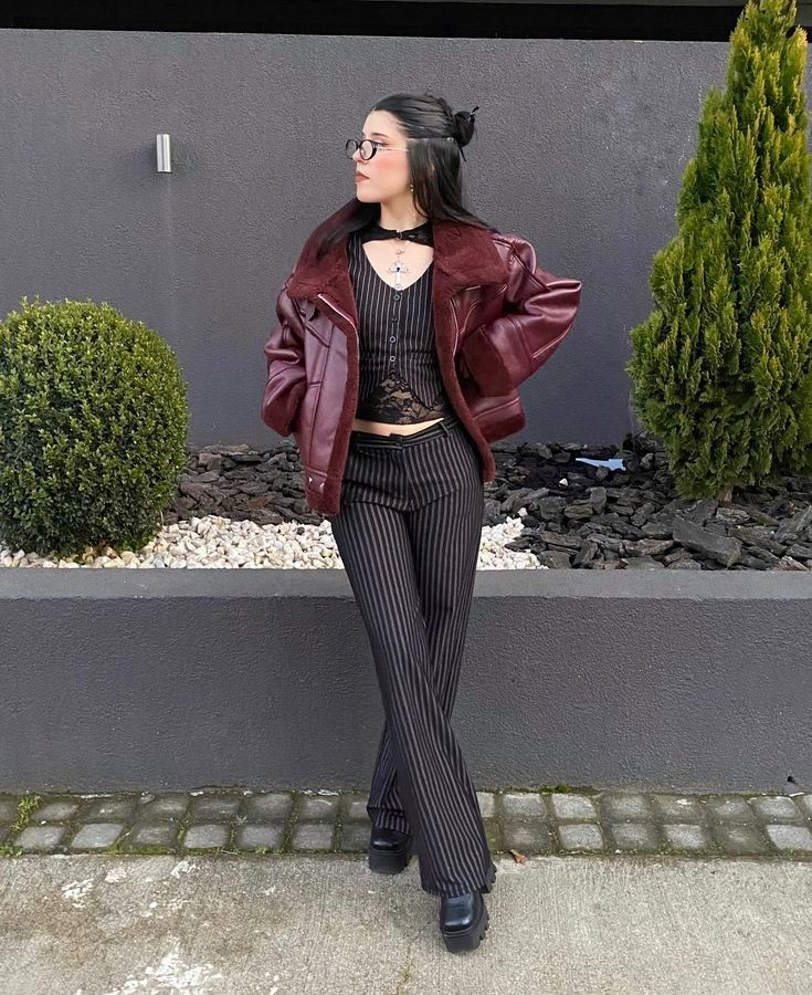 Burgundy Leather Jacket with Pinstripe Set