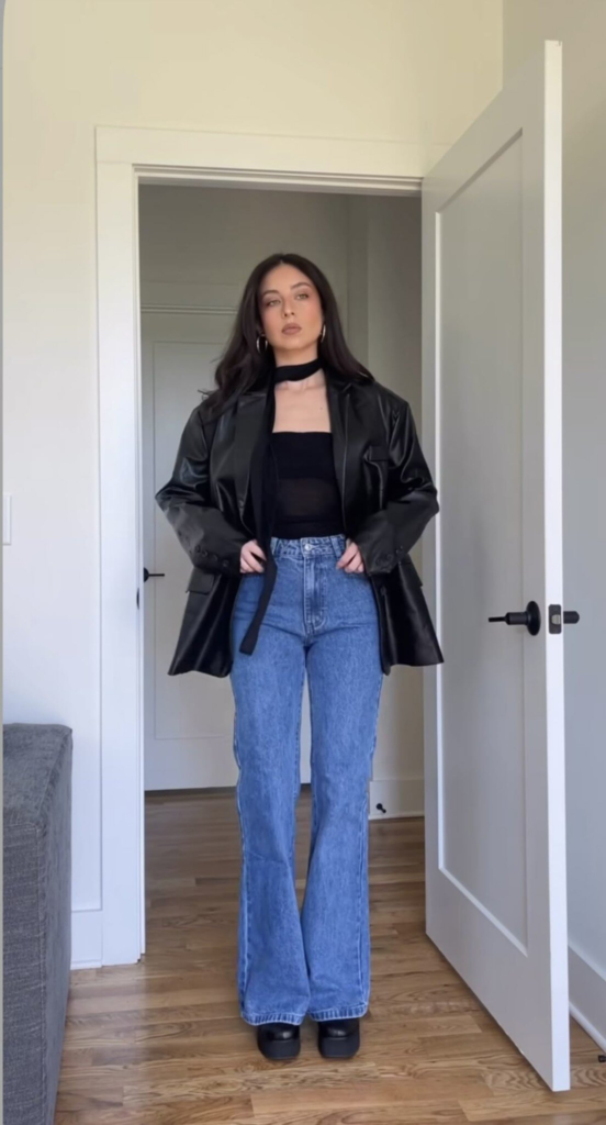 Black Blazer with Wide-Leg Denim