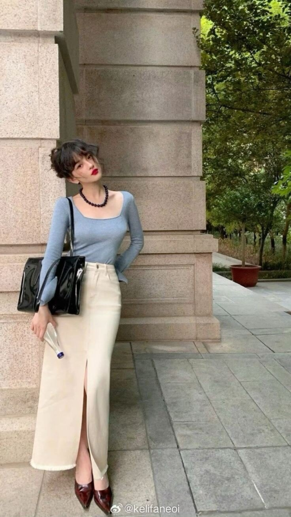 Slate Blue Top Cream Maxi Elegance