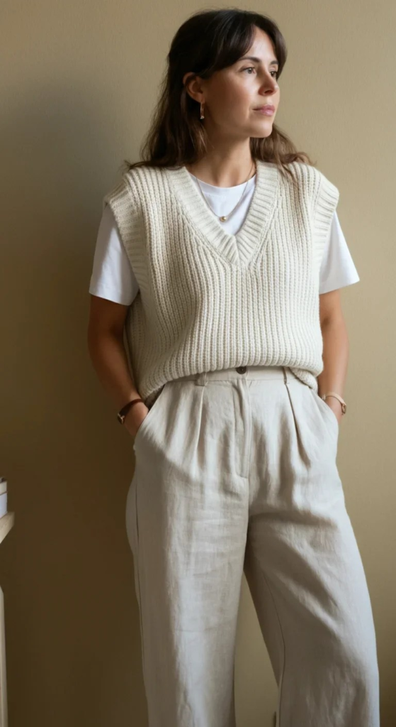 Oversized Knit Vest and Wide-Leg Linen Pants