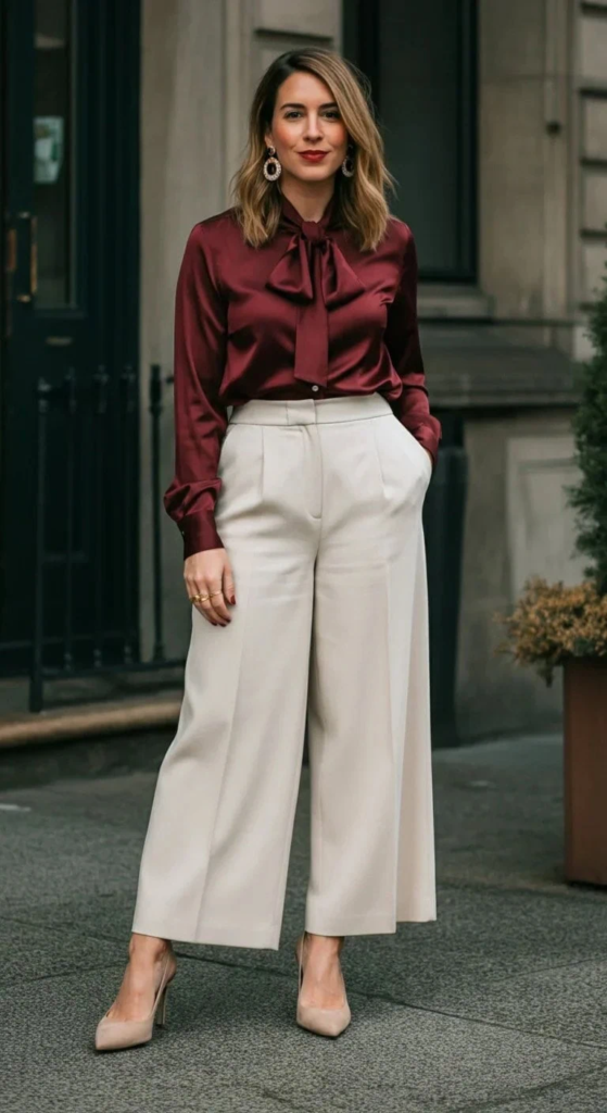 High-Waisted Palazzo Pants with Tucked Blouse