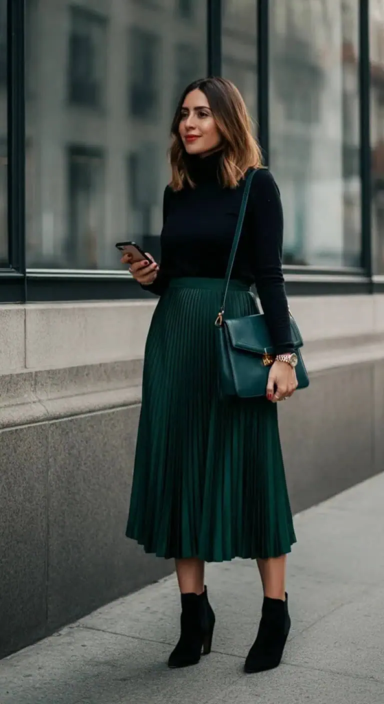 Pleated Midi Skirt and Turtleneck Combo