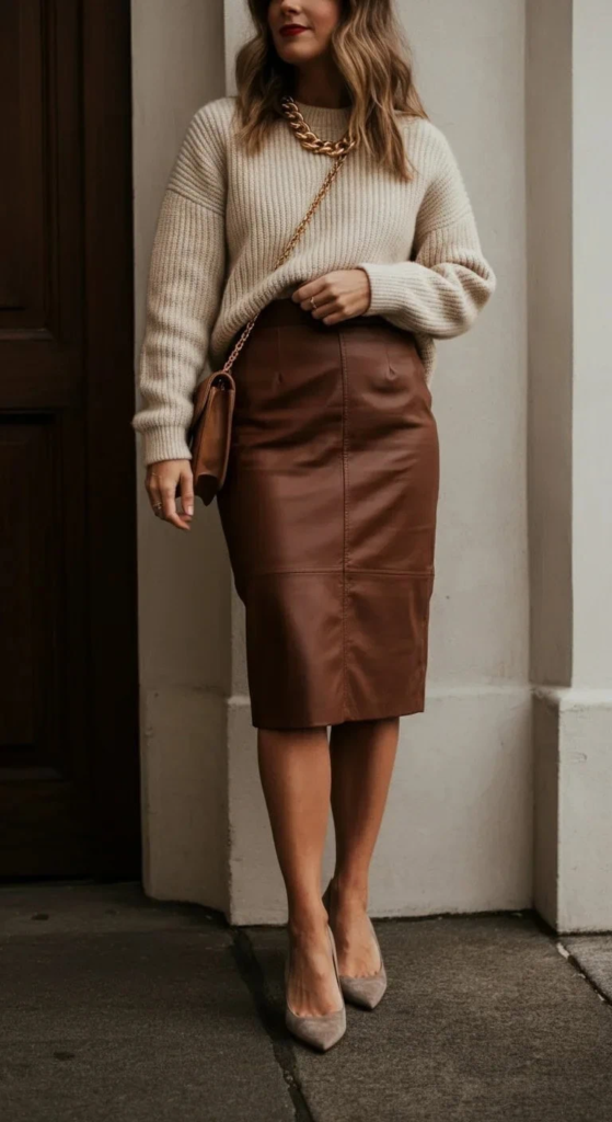 Leather Pencil Skirt and Cashmere Sweater