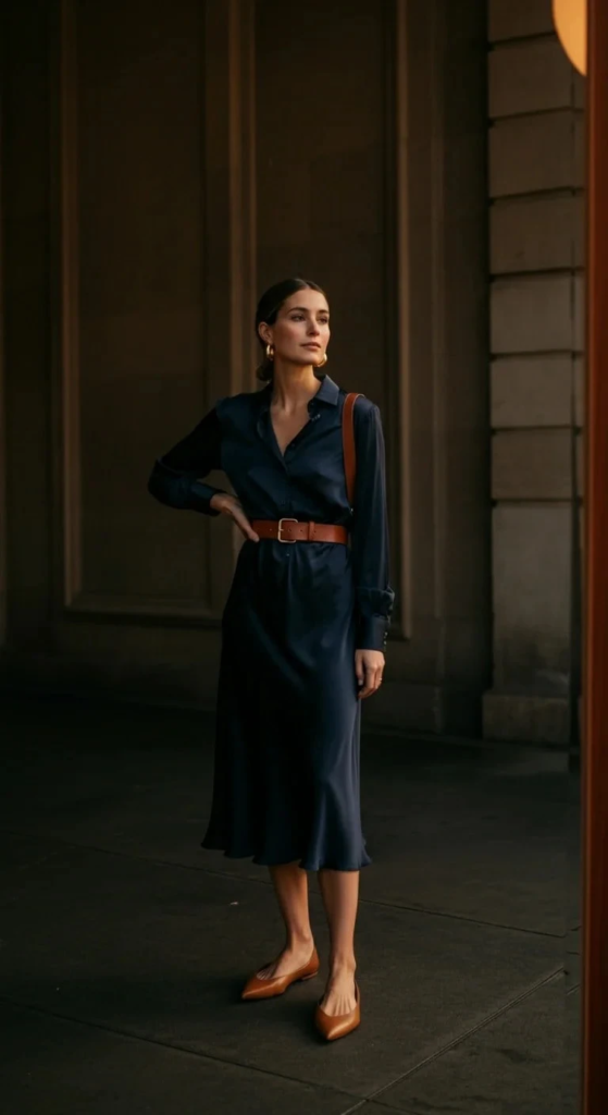 Silk Midi Dress with Leather Belt