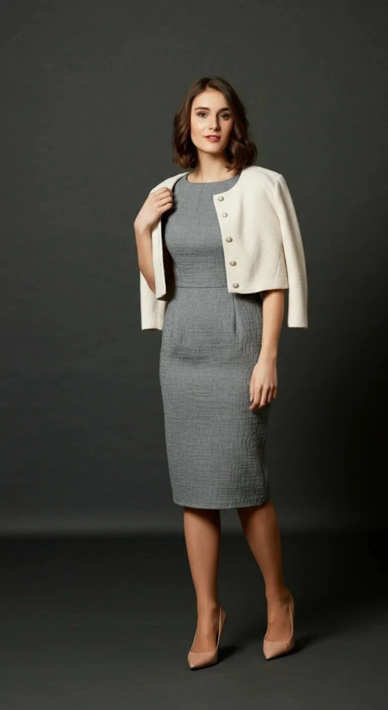 Textured Pencil Dress with Cropped Cardigan