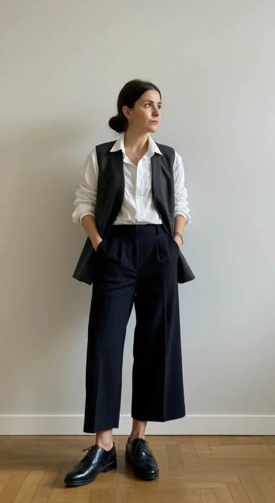 Cropped Wide-Leg Trousers with Layered Vests