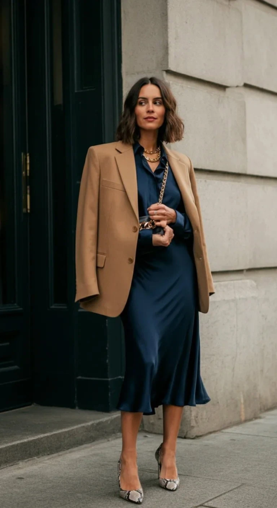 Silk Shirt Dress with Structured Blazer