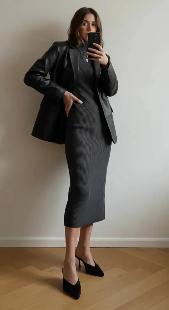 Knit Column Dress with Leather Details