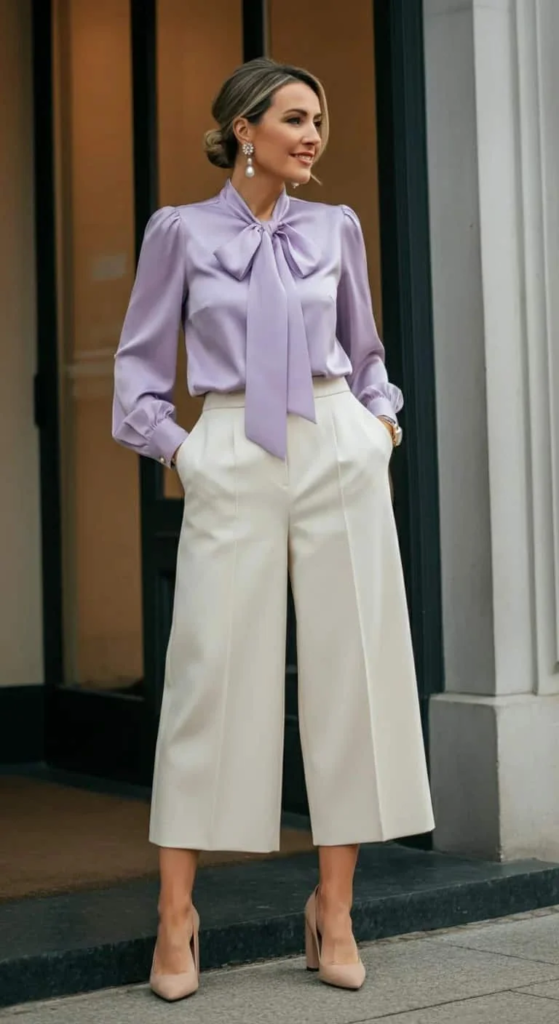 High-Waisted Culottes with Bow Blouse